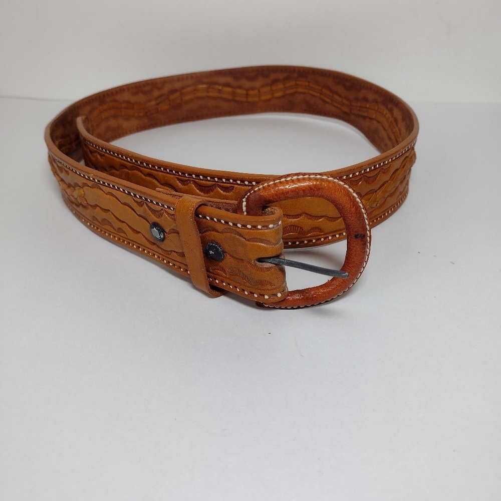 Hand-Tooled Tan Leather Belt with Round Buckle  39" Long
